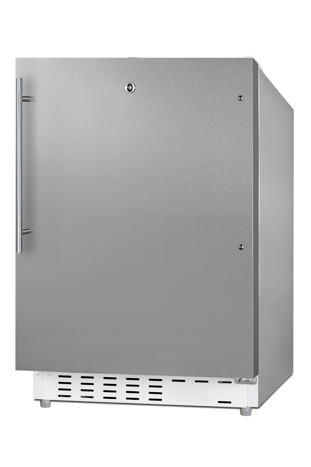 Built-in undercounter ADA compliant refrigerator-freezer with a stainless steel cabinet and reversible SS door, with a vertical handle for residential use, manual defrost with glass shelves, front lock, and door storage